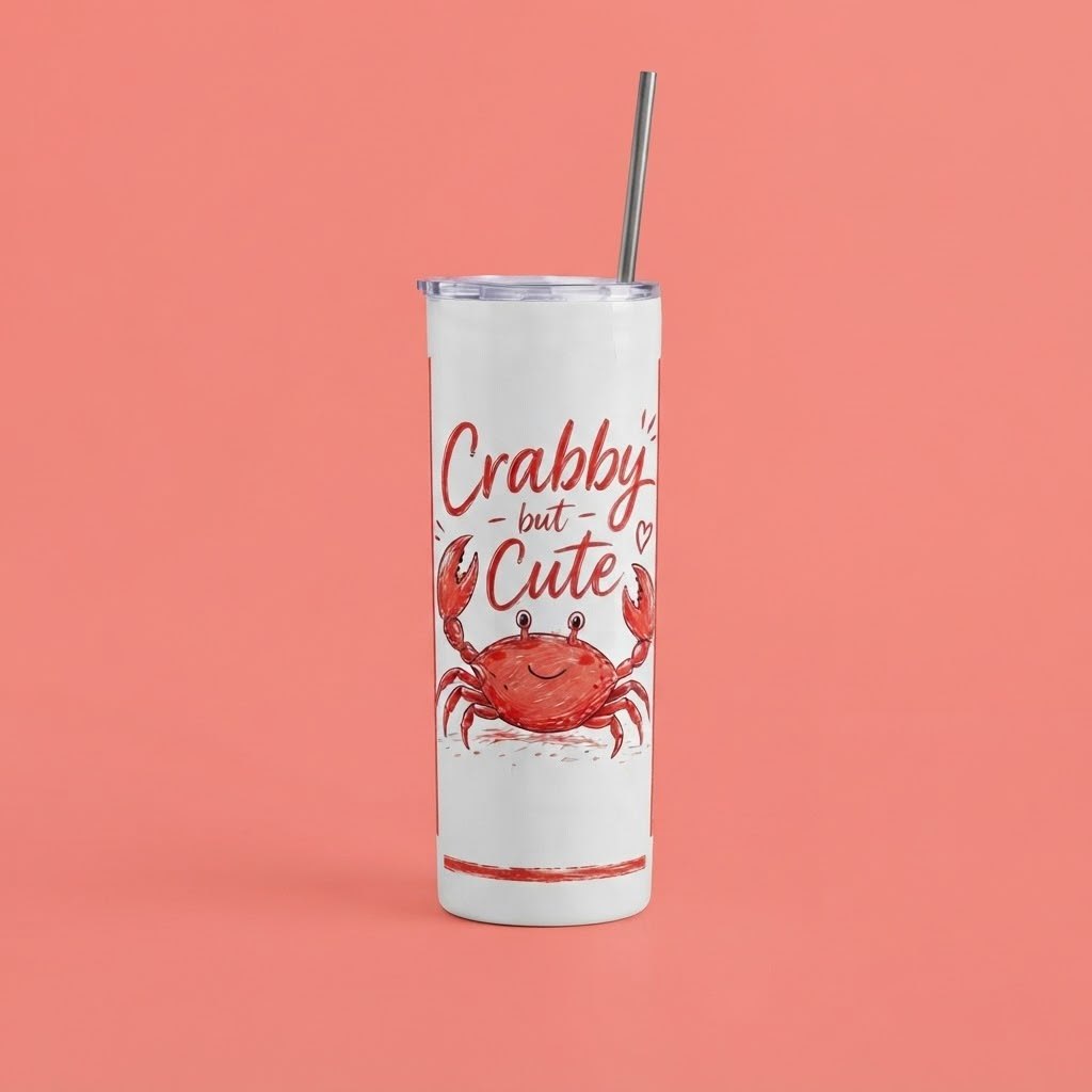 Roze tumbler sa slamčicom, crtežom raka i natpisom Crabby but Cute